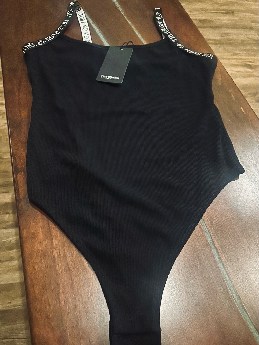 NWT True Religion Black Ribbed Logo-Strap One-Piece body suit L